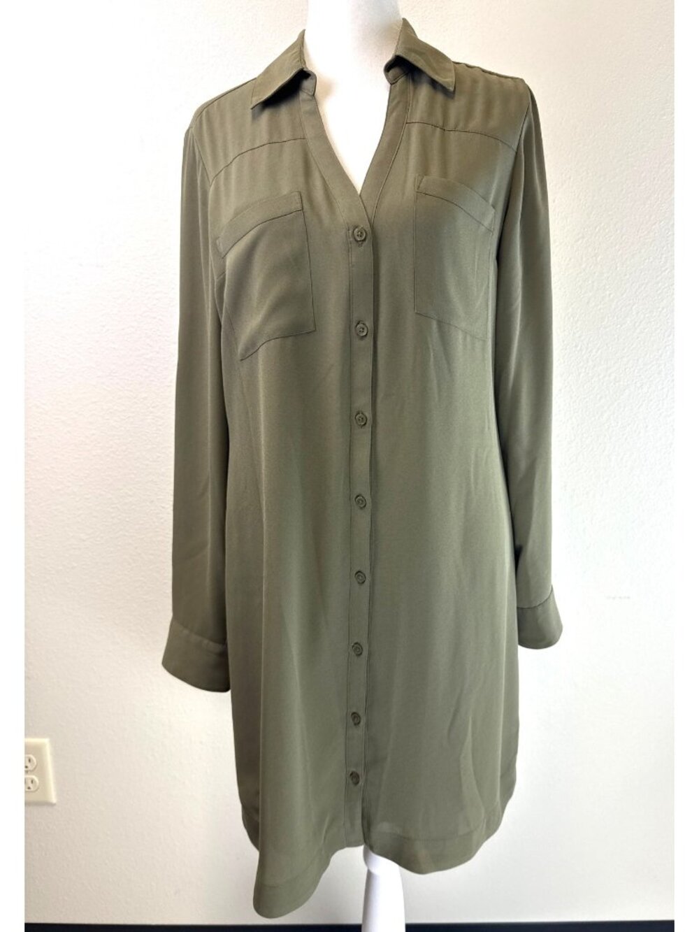 Express Olive Green Button-Down Tunic Dress Collared Business Casual Small